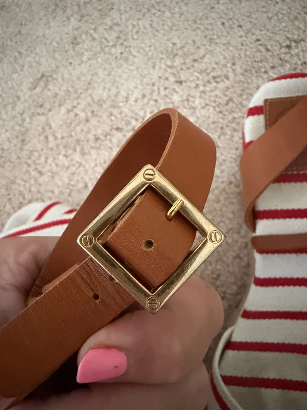 Tory Burch Red and White Striped Espadrille Wedge Sandals with Tan Ankle Strap